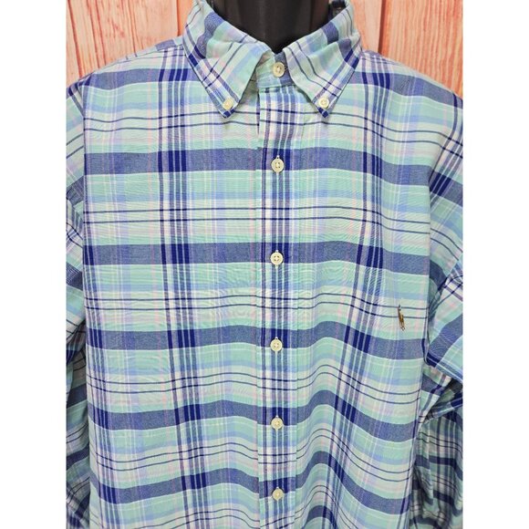 Ralph Lauren Mens XLT Button-Down Plaid Shirt Blue Green Cotton Long Sleeve - Picture 3 of 8